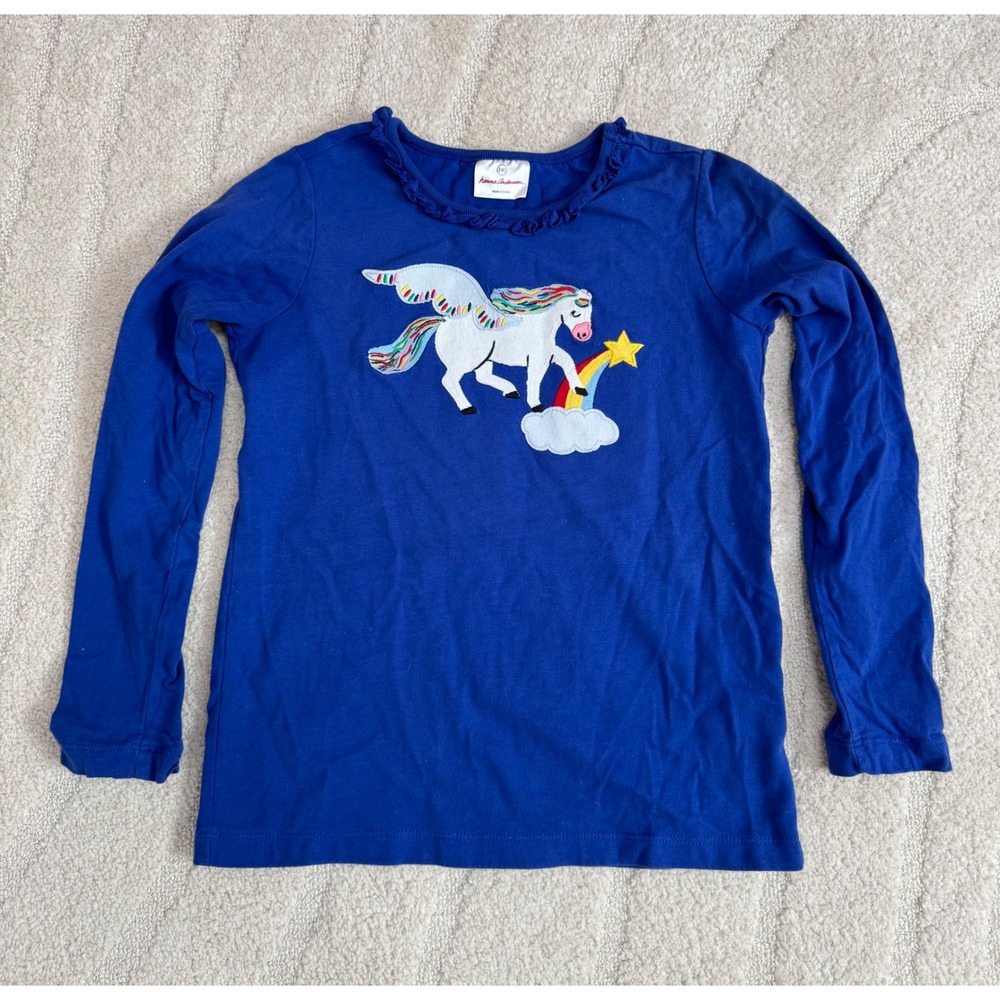 Hanna Andersson Girls Blue Unicorn Rainbow Ruffle Longsleeve Shirt 10/ 140cm‎